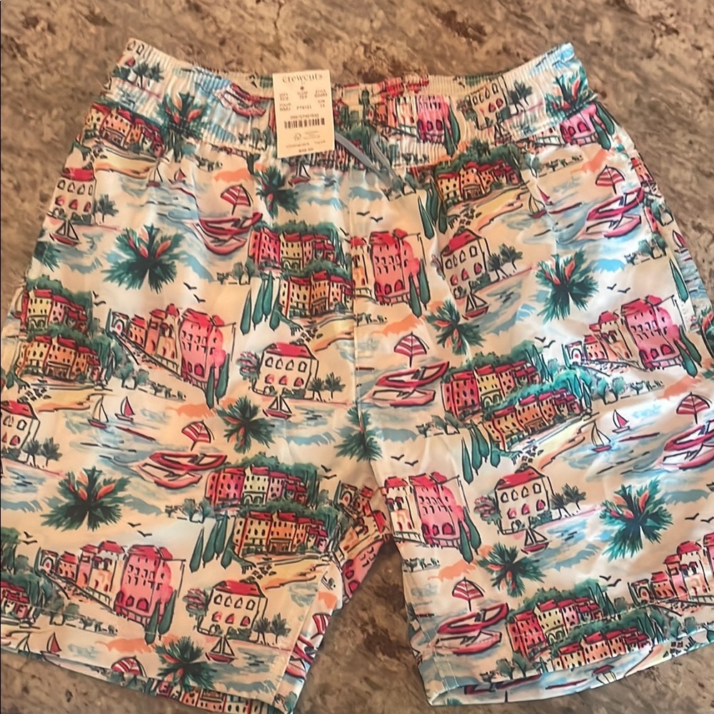 J. Crew Pink and Green Swim Trunks Vibrant Tropical Design